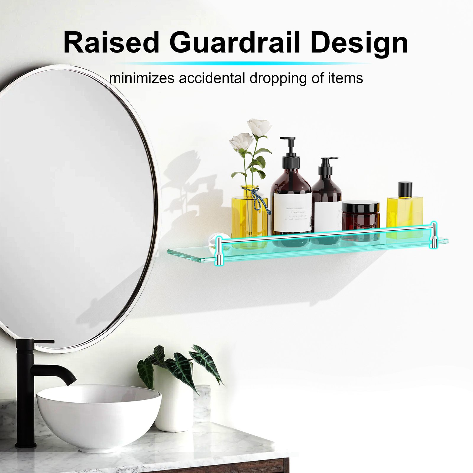Bathroom Glass Shelf, Floating Tempered Glass Wall Shelf, Rectangle, 20‑inch with Railing, Chrome Polished, Modern, Wall Mounted, 2 Pack - 图片 3