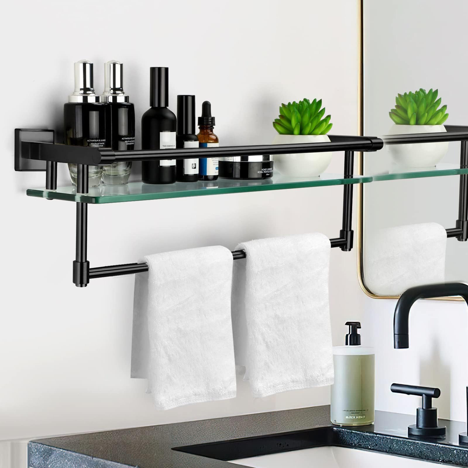 Bathroom Glass Shelf, Floating Tempered Glass Wall Shelf, Rectangle, 20‑inch with Full‑coverage Railing, Modern, Wall Mounted, 2 Pack - 图片 3