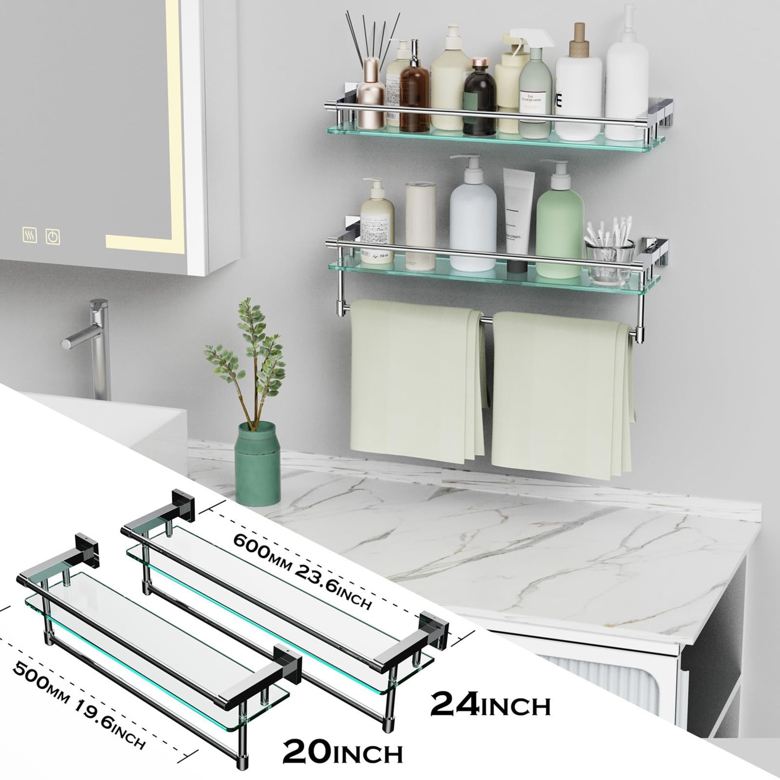 Bathroom Glass Shelf, Floating Tempered Glass Wall Shelf, Rectangle, 24‑inch with Full‑coverage Railing, Chrome Polished, Modern, Wall Mounted, 2 Pack - 图片 5