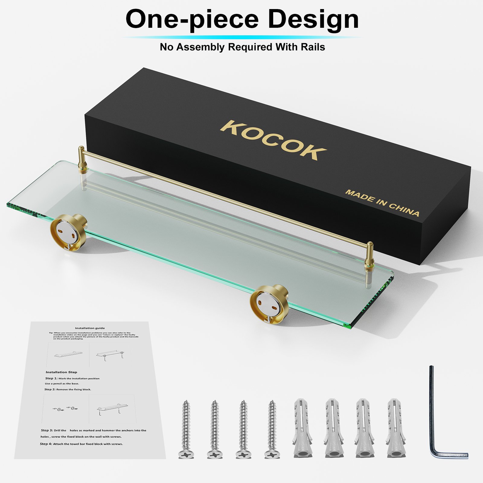 Bathroom Glass Shelf, Floating Stainless Steel Tempered Glass Wall Shelf, Rectangle, 20‑inch, Brushed Gold, Modern, Wall Mounted, 2 Pack - 图片 5