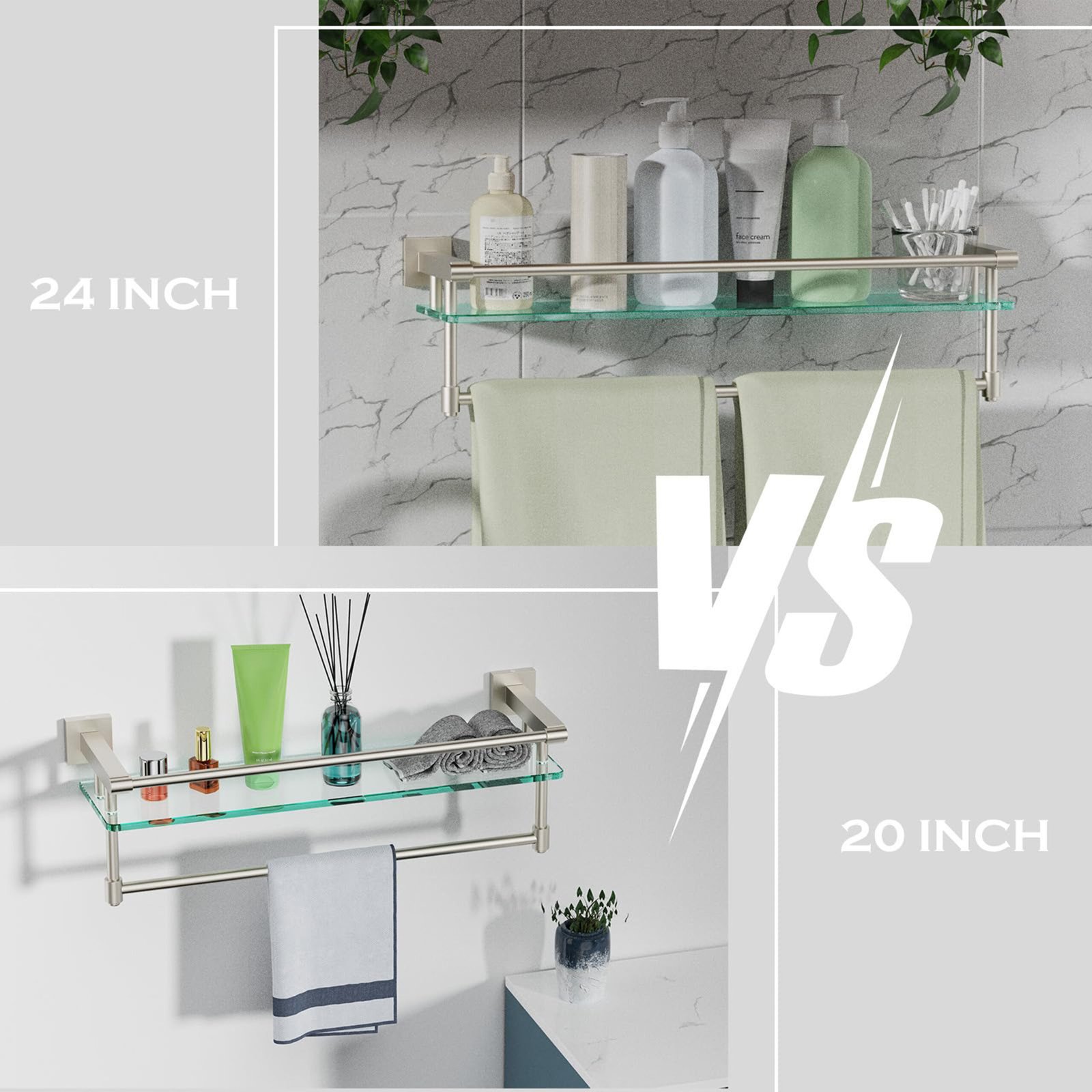 Bathroom Glass Shelf, Floating Tempered Glass Wall Shelf, Rectangle, 24‑inch with Full‑coverage Railing, Modern, Wall Mounted, 2 Pack - 图片 5