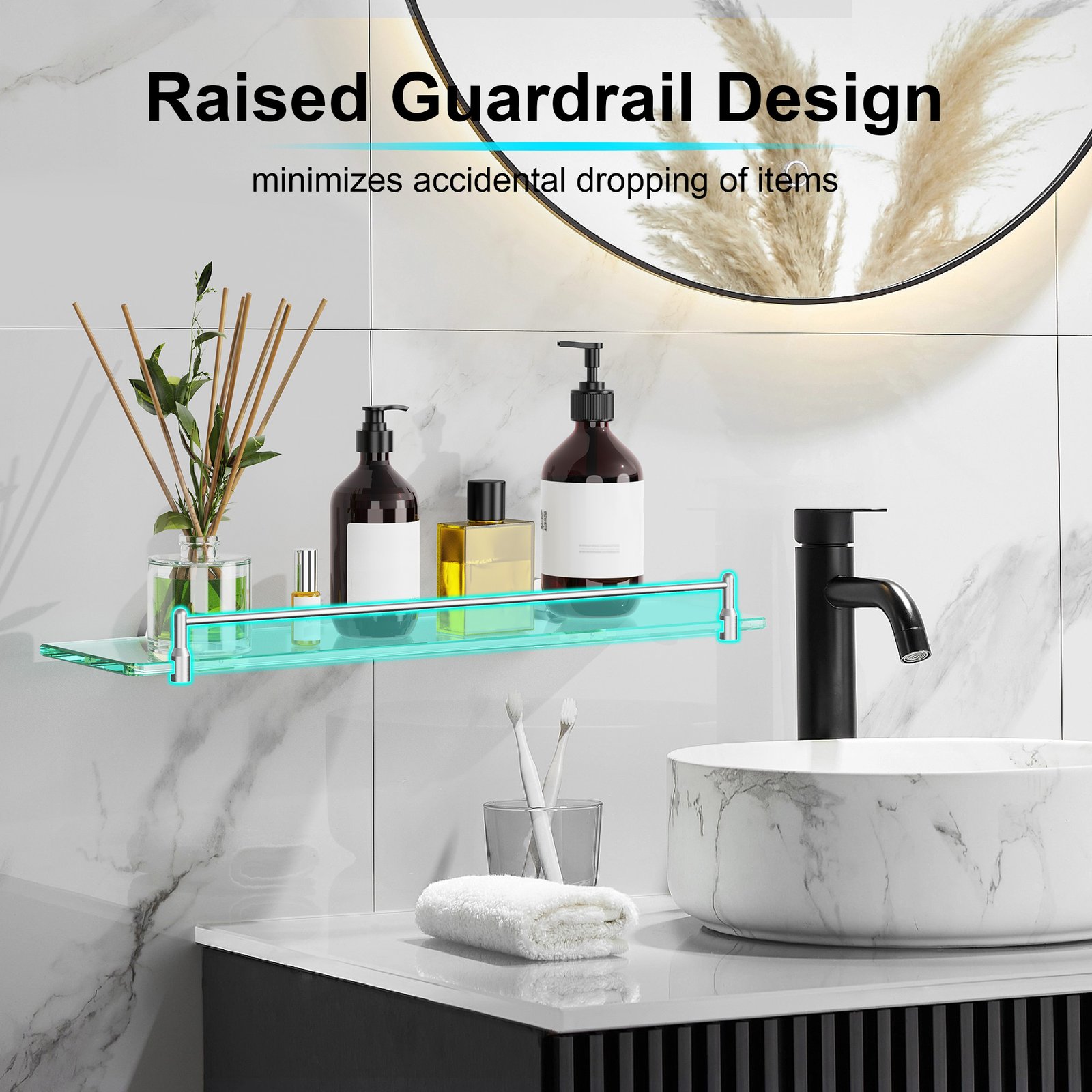 Bathroom Glass Shelf, Floating Stainless Steel Tempered Glass Wall Shelf, Rectangle, 20‑inch, Brushed Nickel, Modern, Wall Mounted, 2 Pack - 图片 5