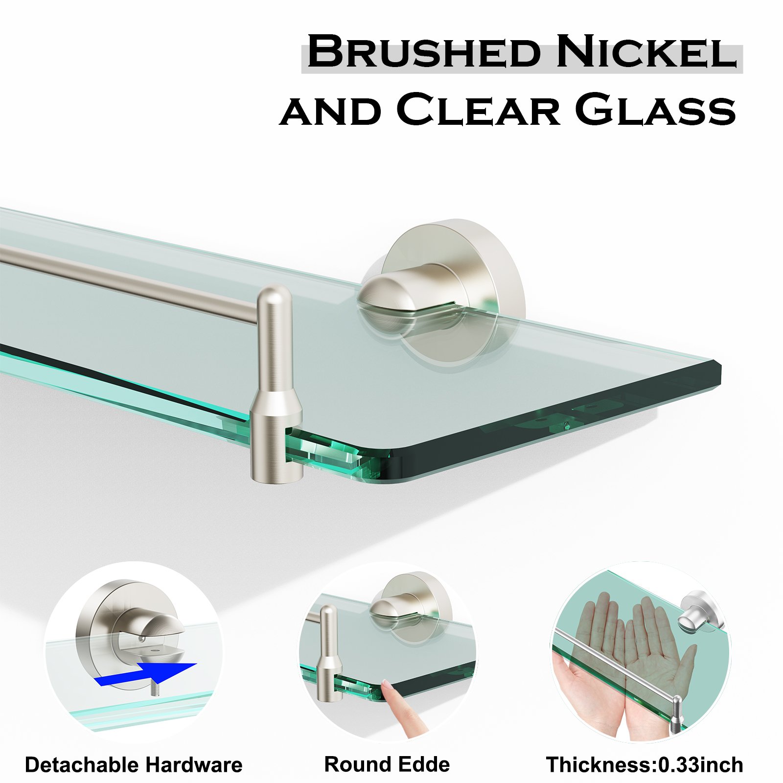 Bathroom Glass Shelf, Floating Stainless Steel Tempered Glass Wall Shelf, Rectangle, 24‑inch, Brushed Nickel, Modern, Wall Mounted, 2 Pack - 图片 5
