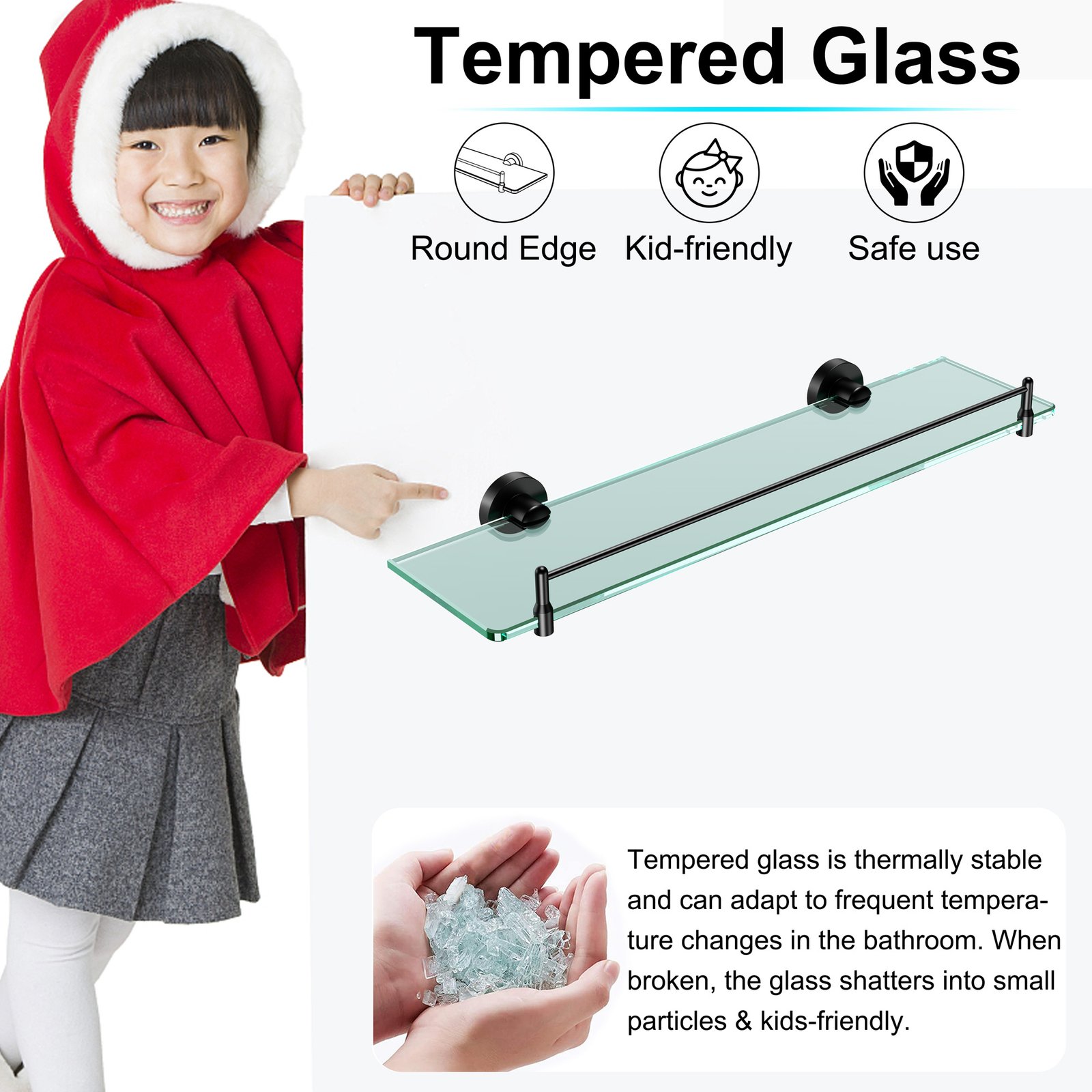 Bathroom Glass Shelf, Floating Stainless Steel Tempered Glass Wall Shelf, Rectangle, 20‑inch, Matte Black, Modern, Wall Mounted, 2 Pack - 图片 6
