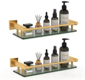 Bathroom Glass Shelf, Floating Tempered Glass Wall Shelf, Rectangle, 16‑inch with Full‑coverage Railing, Gold, Modern, Wall Mounted, 2 Pack