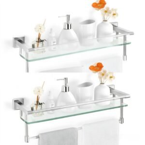 Bathroom Glass Shelf, Floating Tempered Glass Wall Shelf, Rectangle, 20‑inch with Full‑coverage Railing, Modern, Wall Mounted, 2 Pack