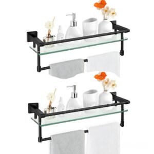 Bathroom Glass Shelf, Floating Tempered Glass Wall Shelf, Rectangle, 20‑inch with Full‑coverage Railing, Modern, Wall Mounted, 2 Pack