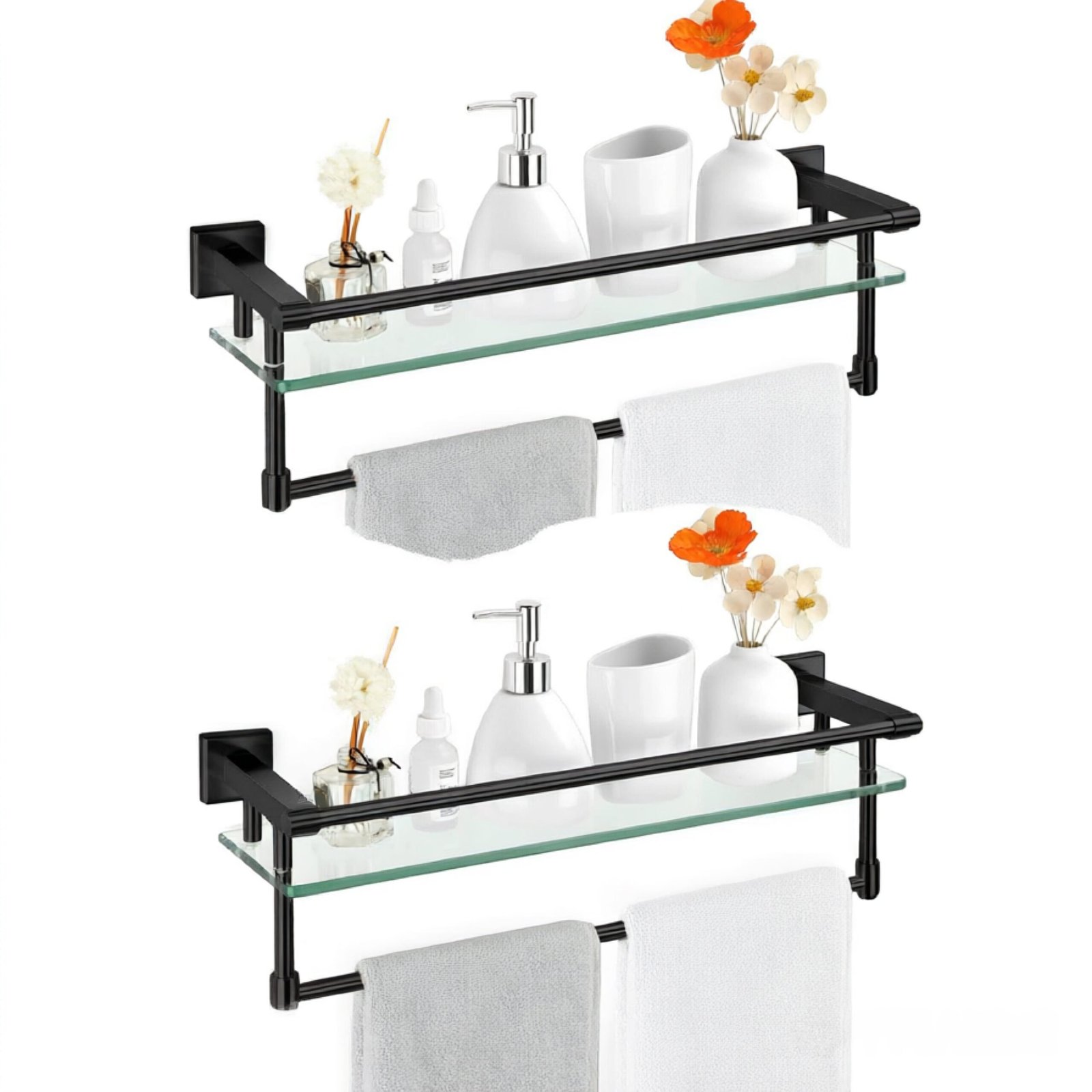 Bathroom Glass Shelf, Floating Tempered Glass Wall Shelf, Rectangle, 20‑inch with Full‑coverage Railing, Modern, Wall Mounted, 2 Pack