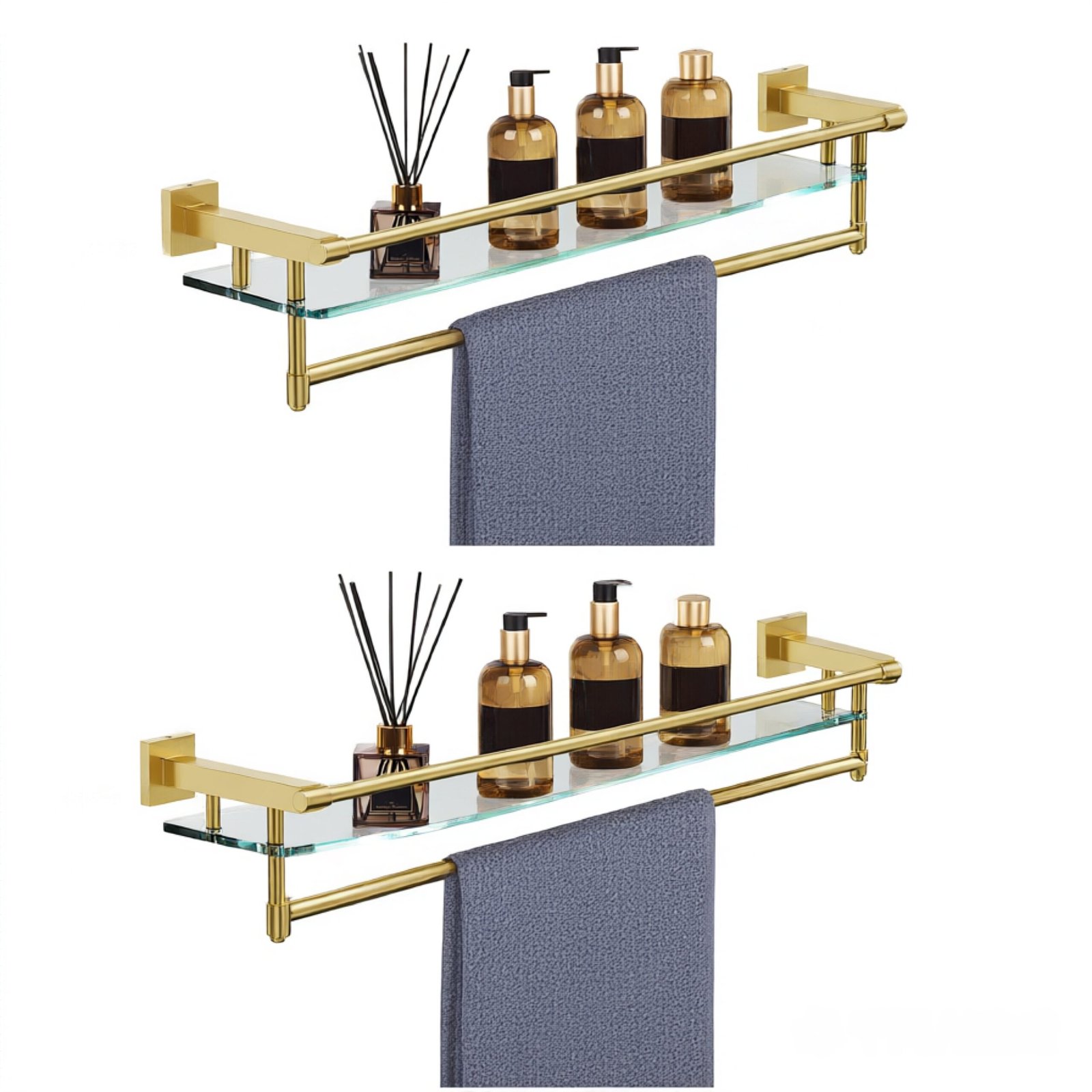 Bathroom Glass Shelf, Floating Tempered Glass Wall Shelf, Rectangle, 20‑inch with Full‑coverage Railing, Modern, Wall Mounted, 2 Pack
