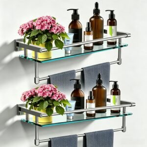 Bathroom Glass Shelf, Floating Tempered Glass Wall Shelf, Rectangle, 20‑inch with Full‑coverage Railing, Modern, Wall Mounted, 2 Pack