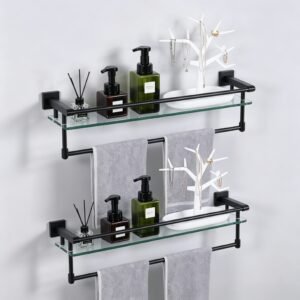 Bathroom Glass Shelf, Floating Tempered Glass Wall Shelf, Rectangle, 24‑inch with Full‑coverage Railing, Modern, Wall Mounted, 2 Pack