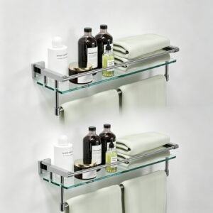 Bathroom Glass Shelf, Floating Tempered Glass Wall Shelf, Rectangle, 24‑inch with Full‑coverage Railing, Chrome Polished, Modern, Wall Mounted, 2 Pack