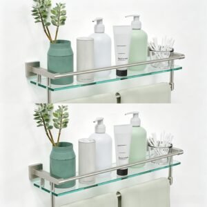 Bathroom Glass Shelf, Floating Tempered Glass Wall Shelf, Rectangle, 24‑inch with Full‑coverage Railing, Modern, Wall Mounted, 2 Pack