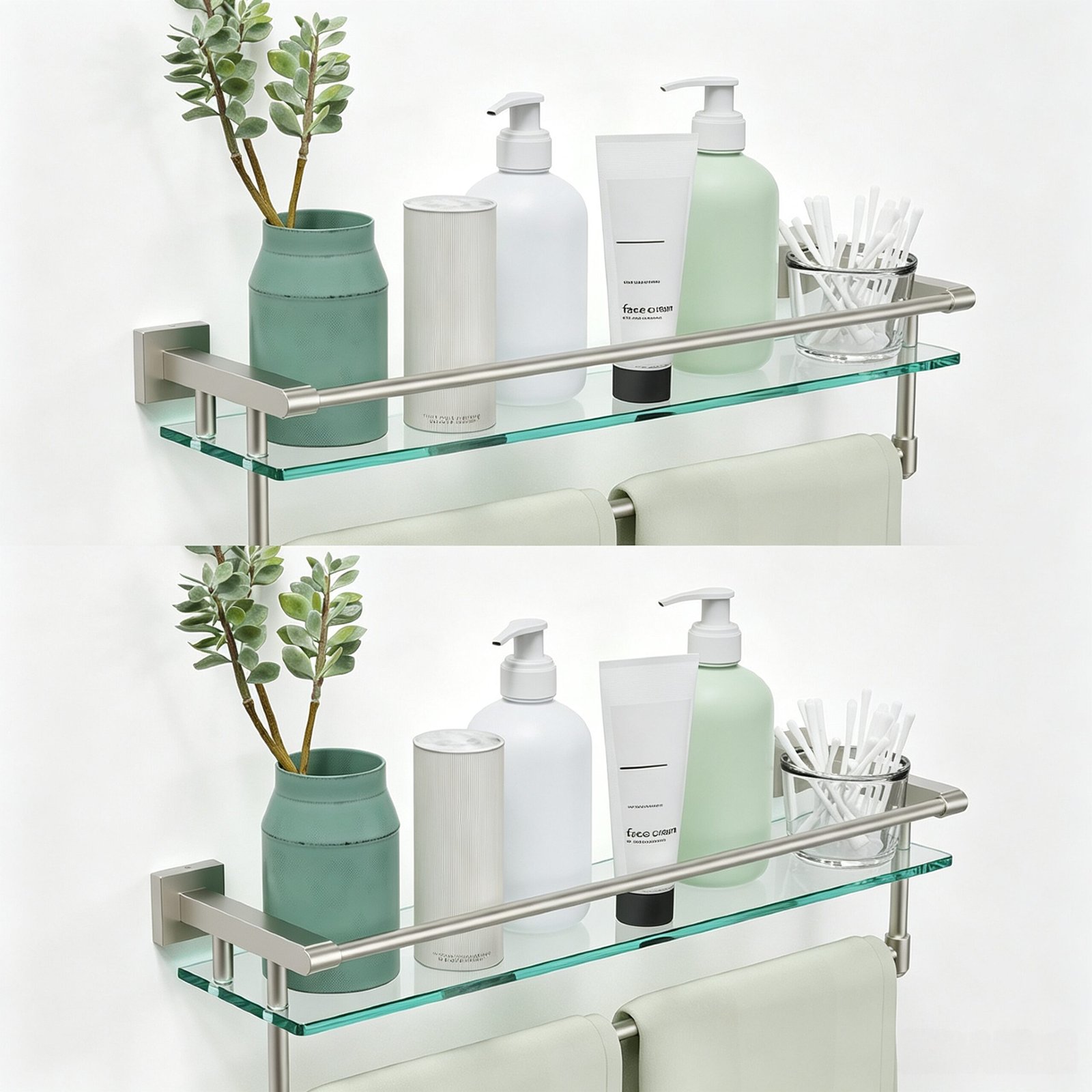 Bathroom Glass Shelf, Floating Tempered Glass Wall Shelf, Rectangle, 24‑inch with Full‑coverage Railing, Modern, Wall Mounted, 2 Pack