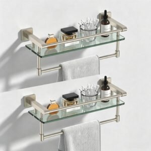 Bathroom Glass Shelf, Floating Tempered Glass Wall Shelf, Rectangle, 16‑inch with Full‑coverage Railing, Brushed Nickel, Modern, Wall Mounted, 2 Pack