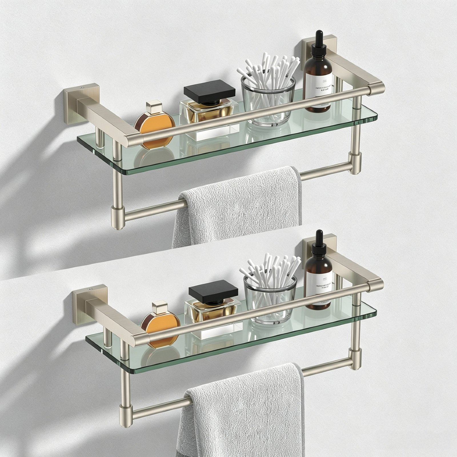 Bathroom Glass Shelf, Floating Tempered Glass Wall Shelf, Rectangle, 16‑inch with Full‑coverage Railing, Brushed Nickel, Modern, Wall Mounted, 2 Pack