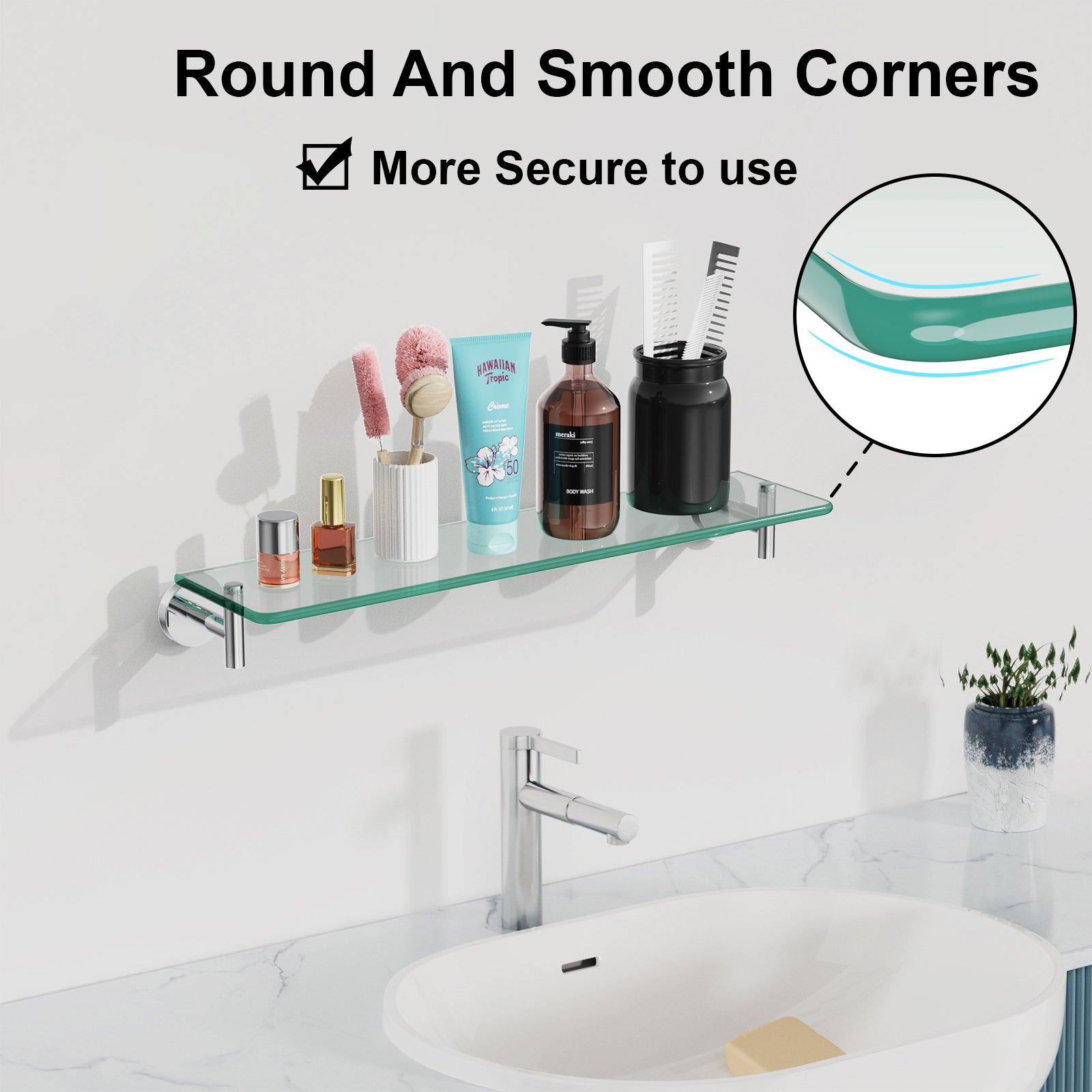 Bathroom Glass Shelf, Floating Stainless Steel Tempered Glass Wall Shelf, Rectangle, 20‑inch, Chrome Polished, Modern, Wall Mounted, 2 Pack - 图片 3