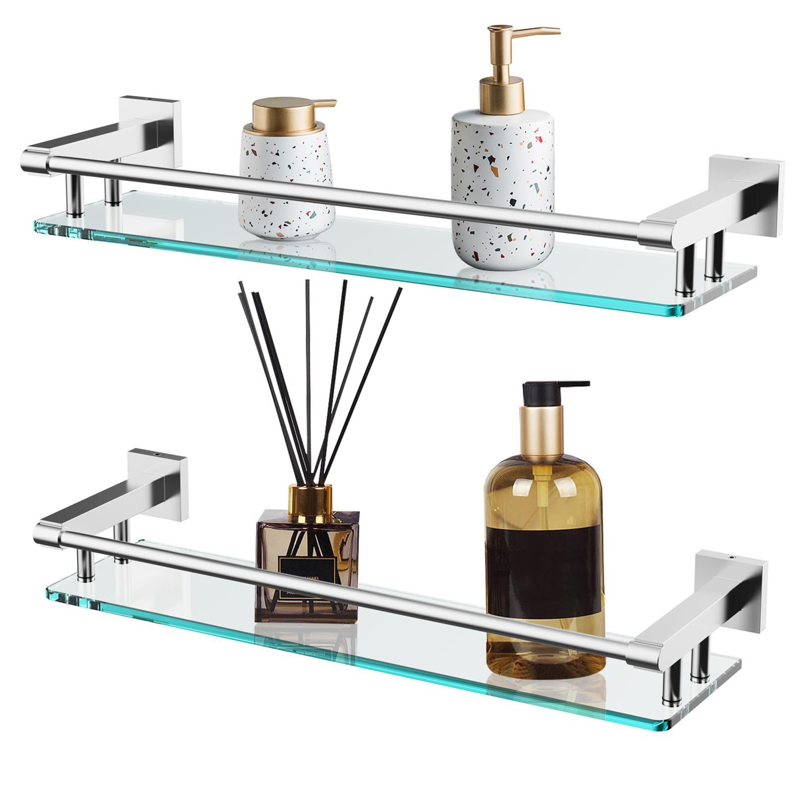 Bathroom Glass Shelf, Floating Tempered Glass Wall Shelf, Rectangle, 20‑inch with Full‑coverage Railing, Brushed Nickel, Modern, Wall Mounted, 2 Pack - 图片 3