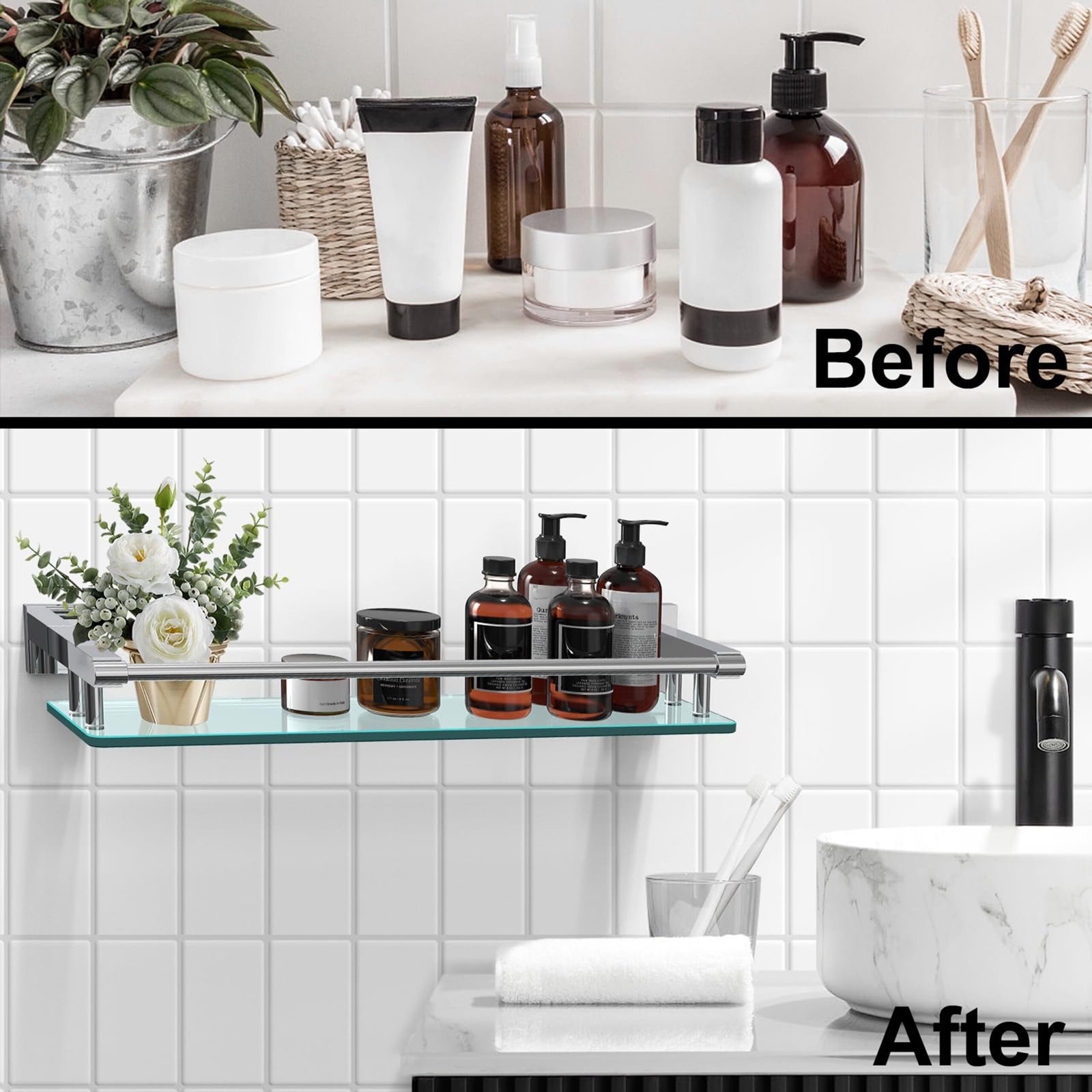 Bathroom Glass Shelf, Floating Tempered Glass Wall Shelf, Rectangle, 20‑inch with Full‑coverage Railing, Chrome Polished, Modern, Wall Mounted, 2 Pack - 图片 3