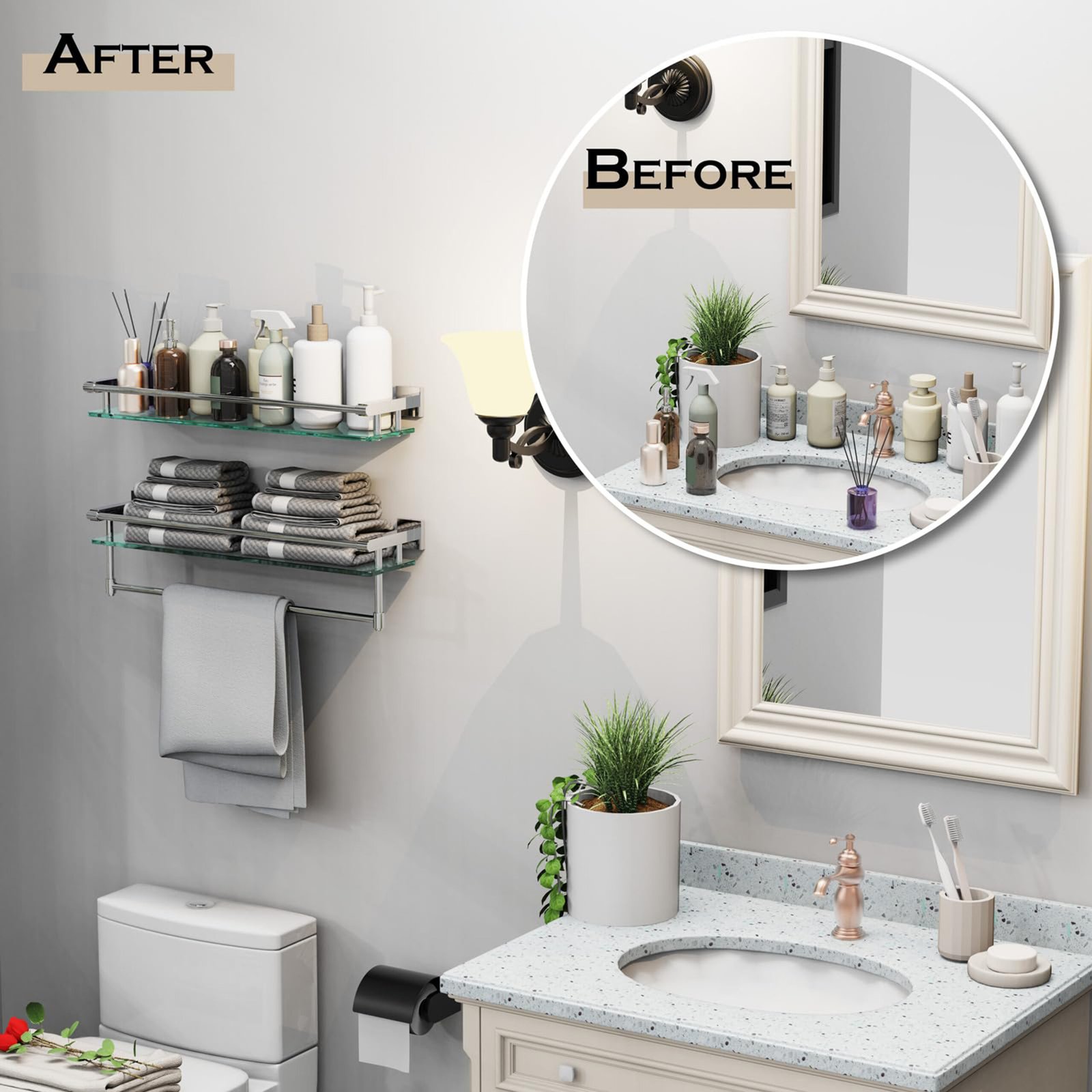 Bathroom Glass Shelf, Floating Tempered Glass Wall Shelf, Rectangle, 24‑inch with Full‑coverage Railing, Brushed Nickel, Modern, Wall Mounted, 2 Pack - 图片 2