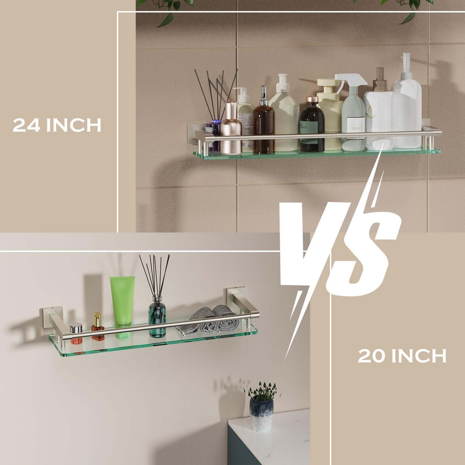 Bathroom Glass Shelf, Floating Tempered Glass Wall Shelf, Rectangle, 24‑inch with Full‑coverage Railing, Brushed Nickel, Modern, Wall Mounted, 2 Pack - 图片 2