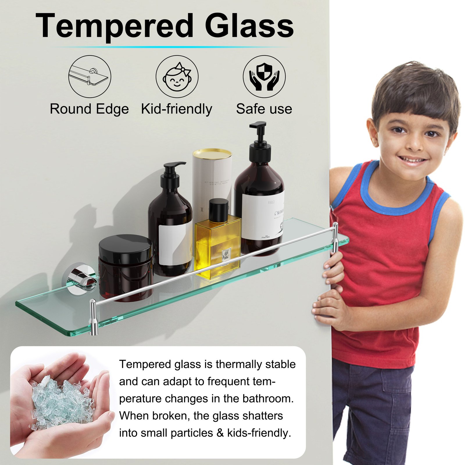 Bathroom Glass Shelf, Floating Tempered Glass Wall Shelf, Rectangle, 20‑inch with Railing, Chrome Polished, Modern, Wall Mounted, 2 Pack - 图片 4