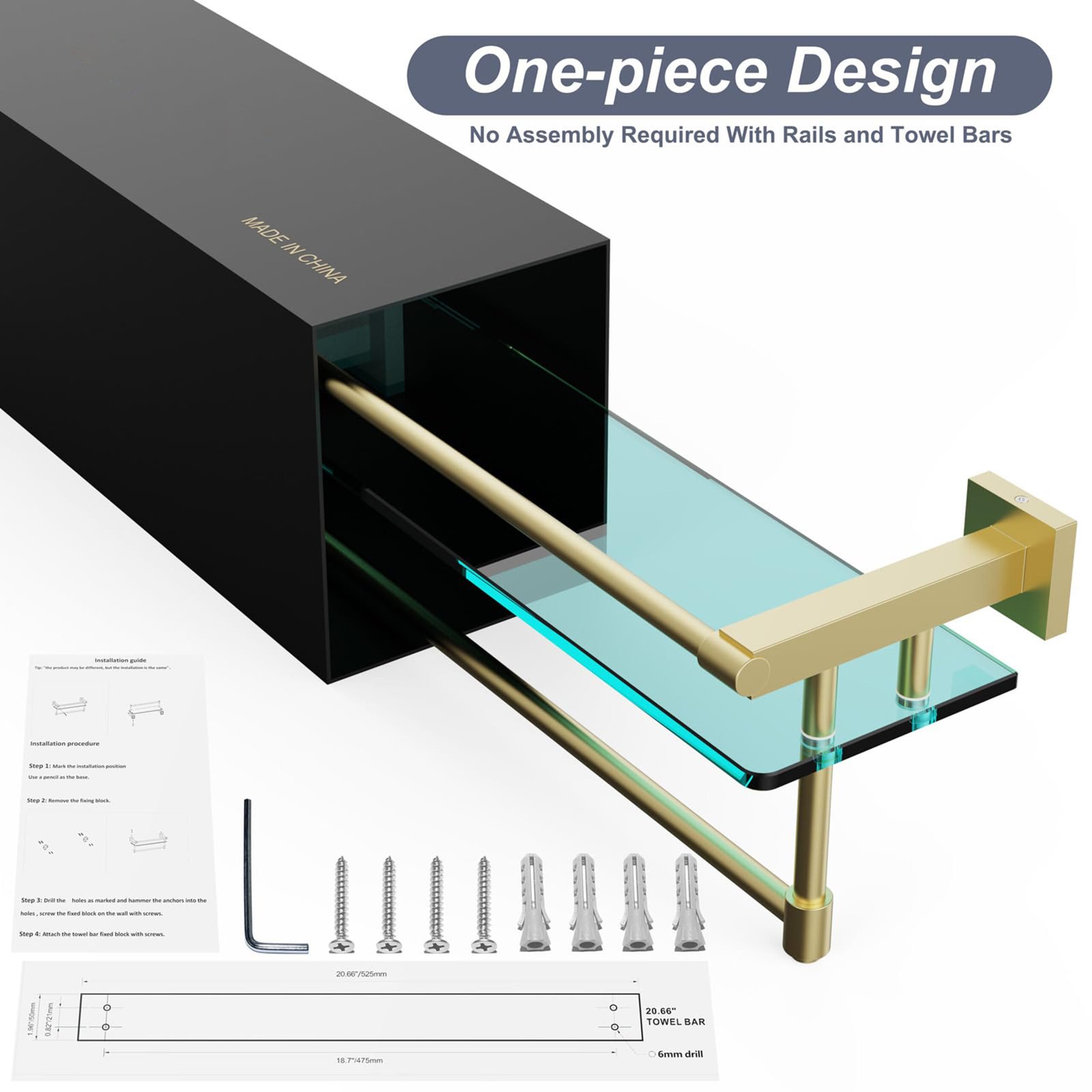Bathroom Glass Shelf, Floating Tempered Glass Wall Shelf, Rectangle, 20‑inch with Full‑coverage Railing, Modern, Wall Mounted, 2 Pack - 图片 3