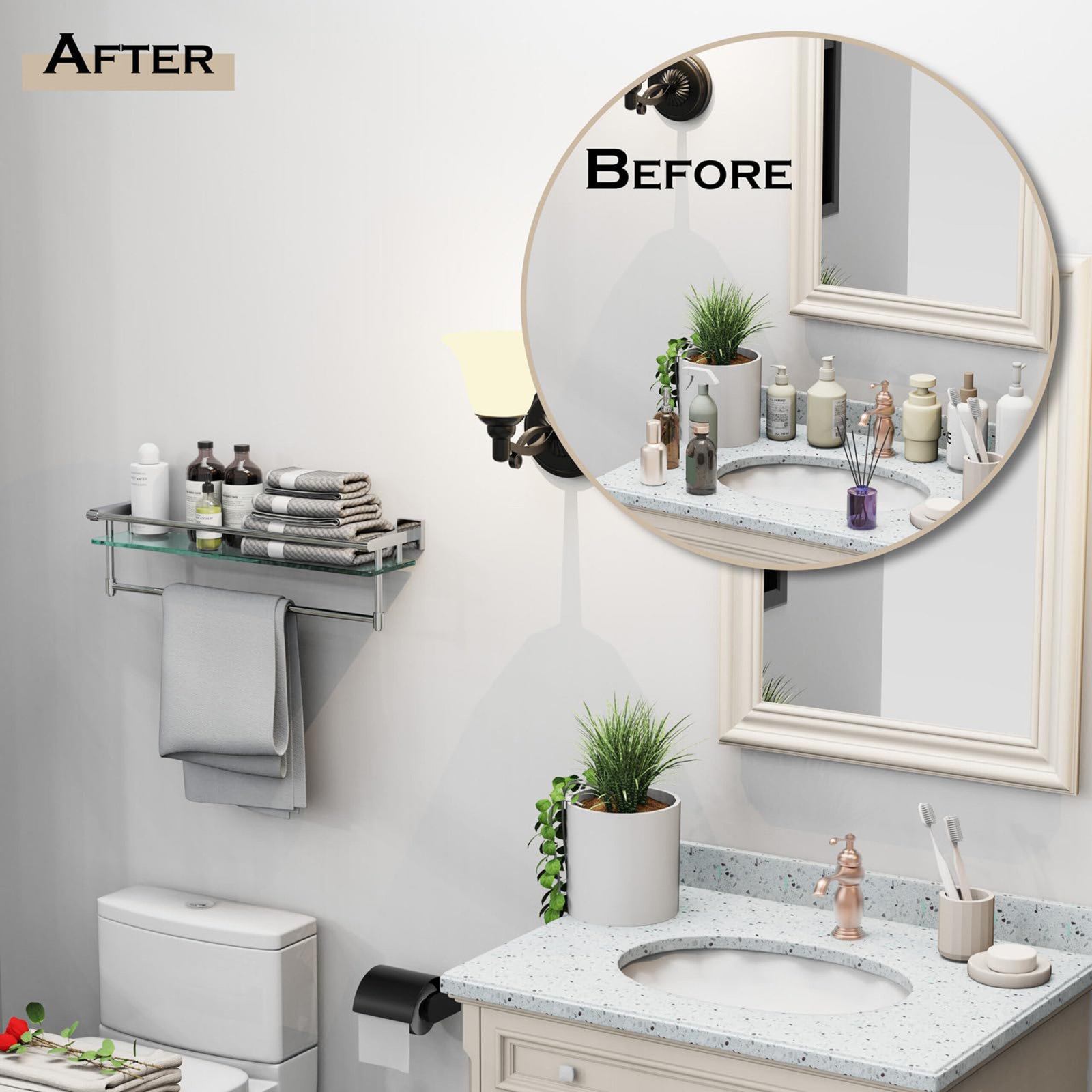 Bathroom Glass Shelf, Floating Tempered Glass Wall Shelf, Rectangle, 24‑inch with Full‑coverage Railing, Chrome Polished, Modern, Wall Mounted, 2 Pack - 图片 4