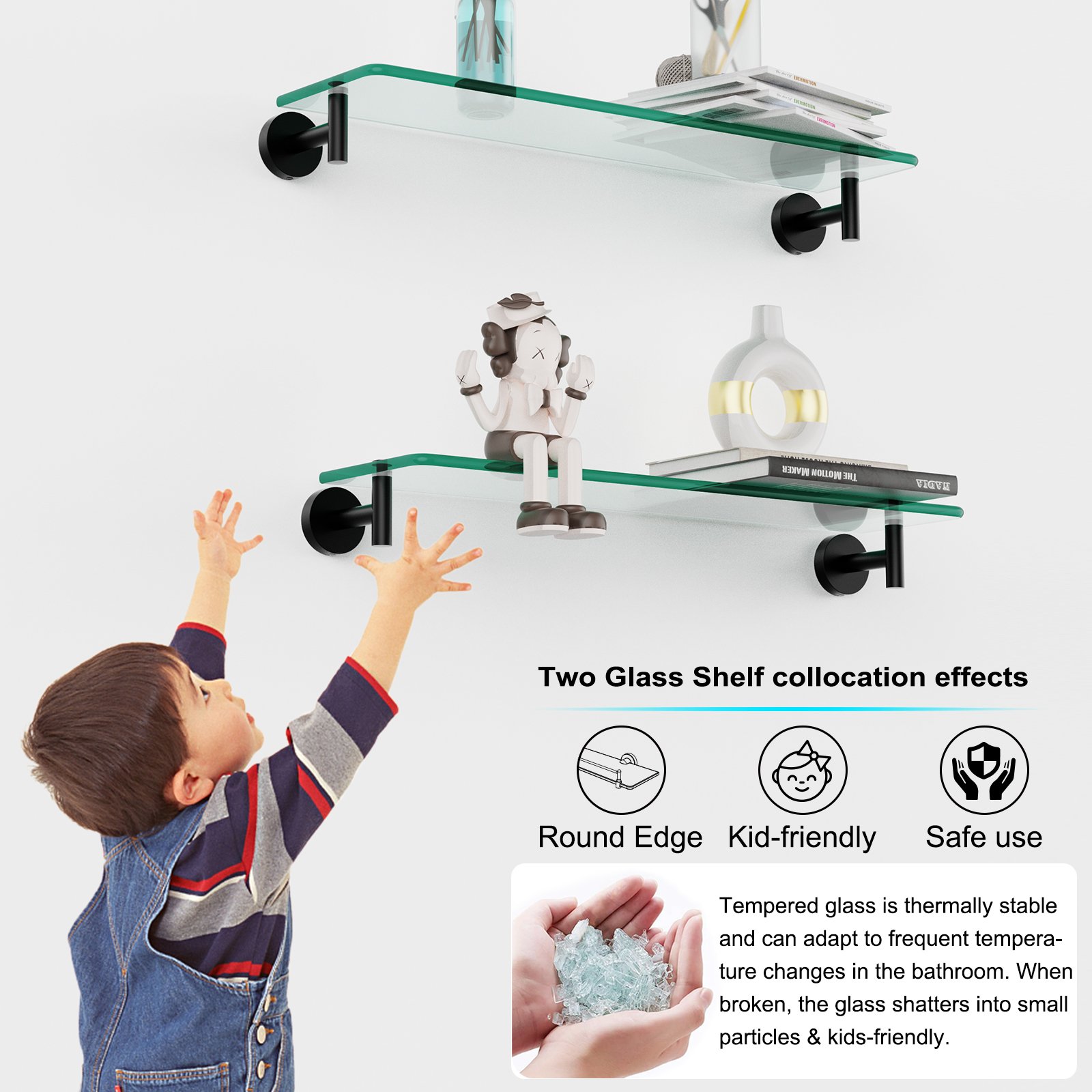 Bathroom Glass Shelf, Floating Tempered Glass Wall Shelf, Rectangle, 20-inch, Matte Black, Modern Wall Mounted 2 Pack - 图片 4