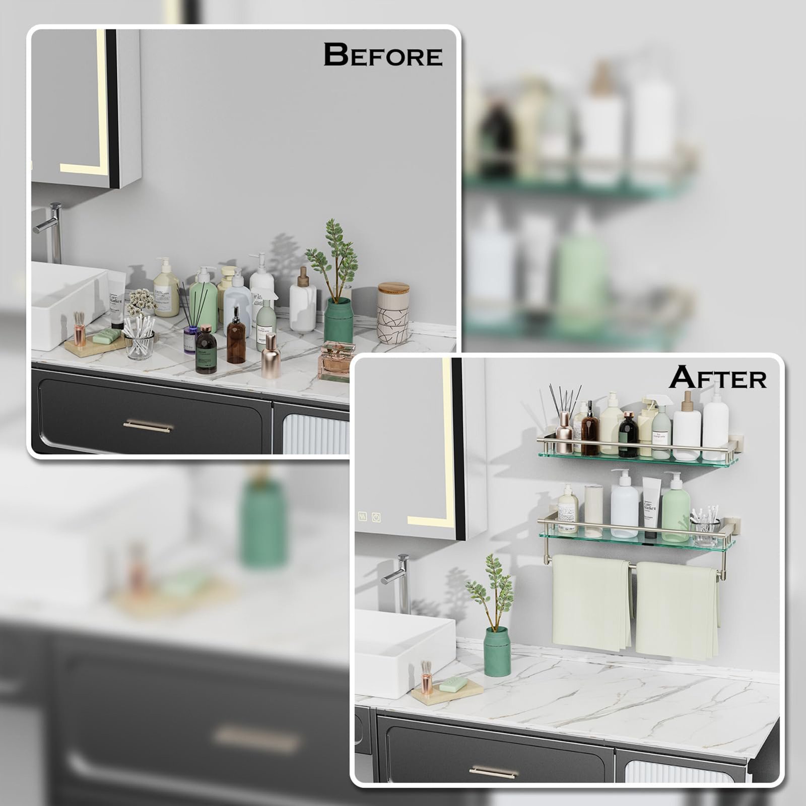 Bathroom Glass Shelf, Floating Tempered Glass Wall Shelf, Rectangle, 24‑inch with Full‑coverage Railing, Modern, Wall Mounted, 2 Pack - 图片 4