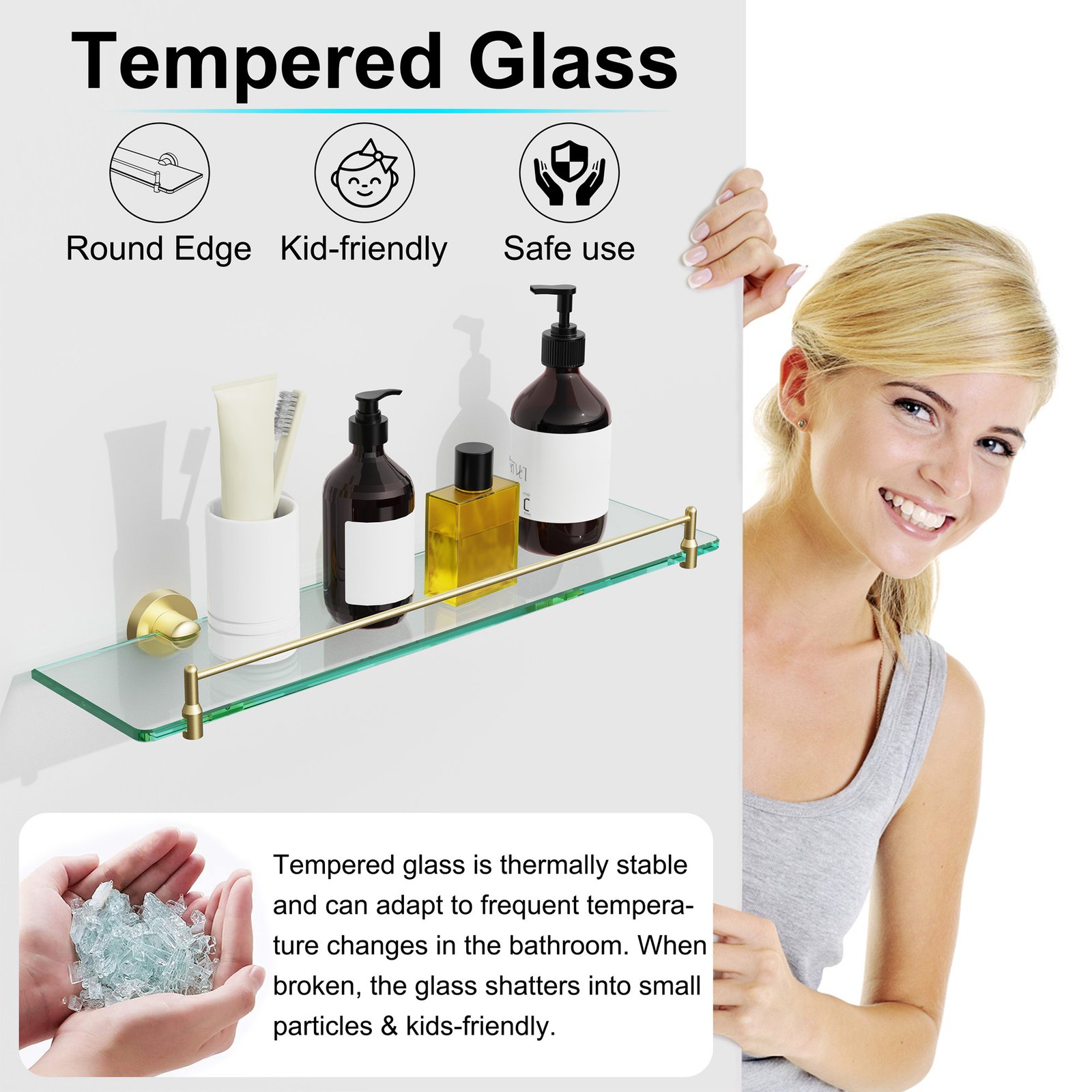 Bathroom Glass Shelf, Floating Stainless Steel Tempered Glass Wall Shelf, Rectangle, 20‑inch, Brushed Gold, Modern, Wall Mounted, 2 Pack - 图片 4