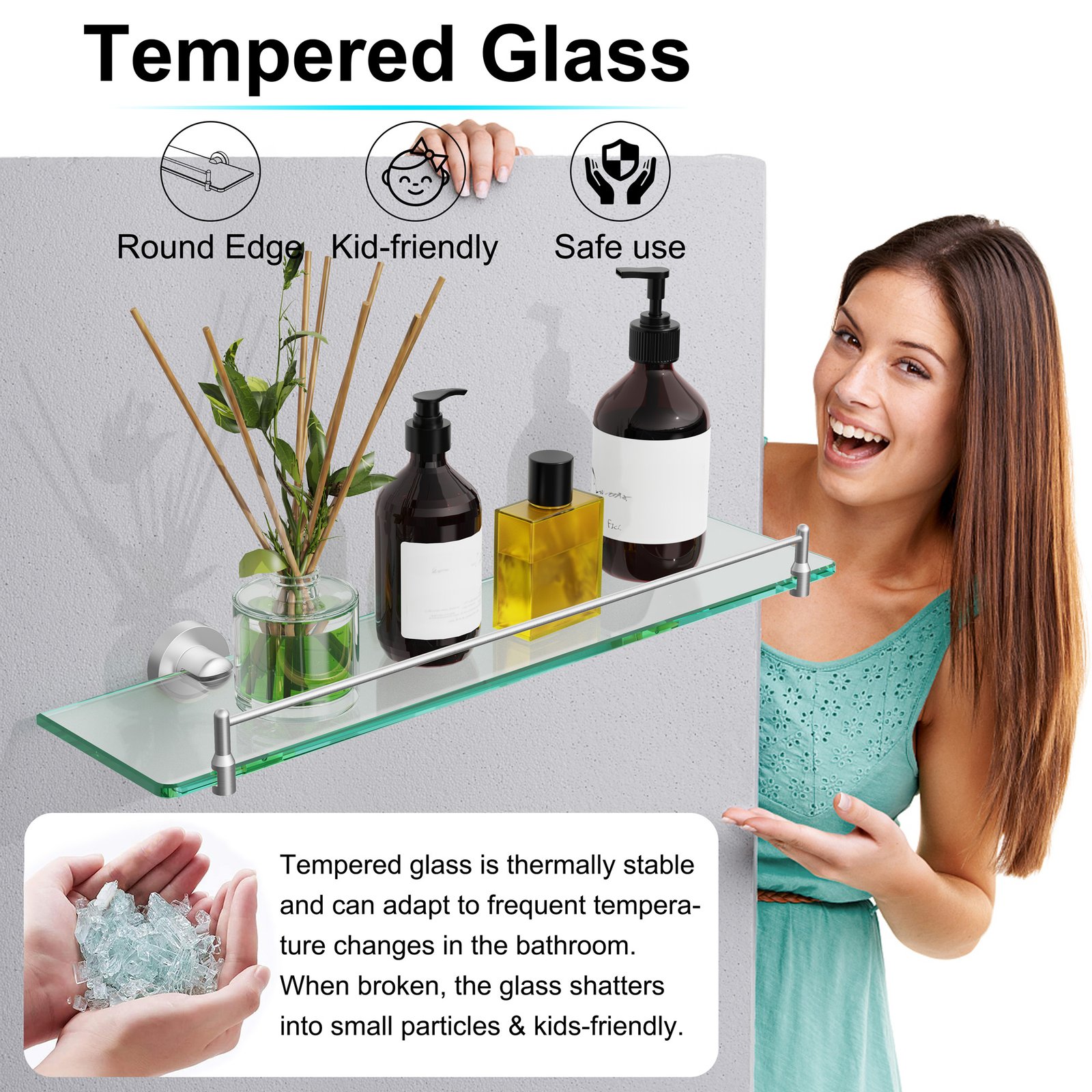 Bathroom Glass Shelf, Floating Stainless Steel Tempered Glass Wall Shelf, Rectangle, 20‑inch, Brushed Nickel, Modern, Wall Mounted, 2 Pack - 图片 4