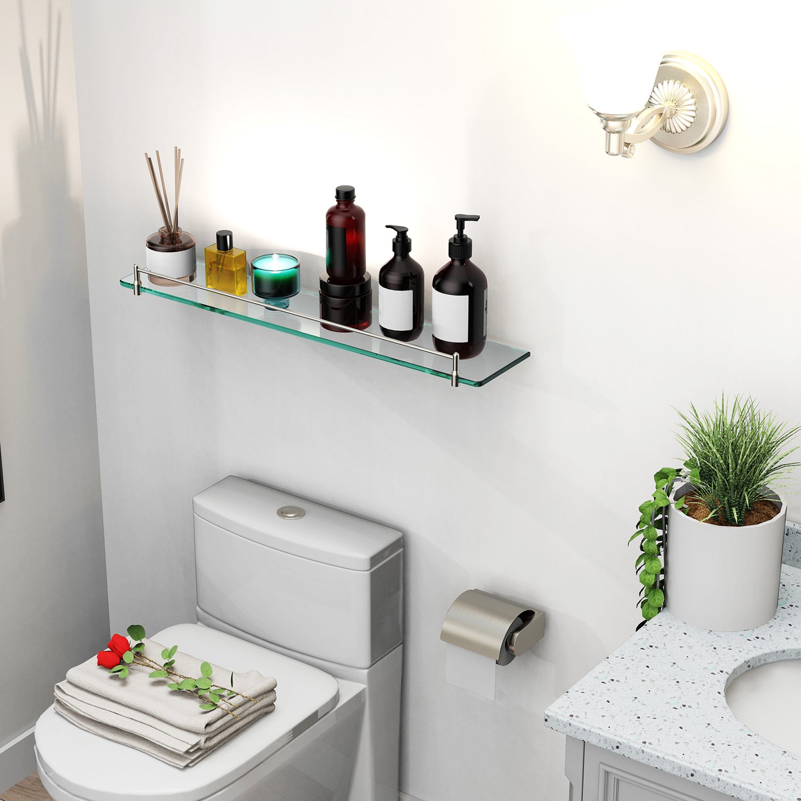 Bathroom Glass Shelf, Floating Stainless Steel Tempered Glass Wall Shelf, Rectangle, 24‑inch, Brushed Nickel, Modern, Wall Mounted, 2 Pack - 图片 6
