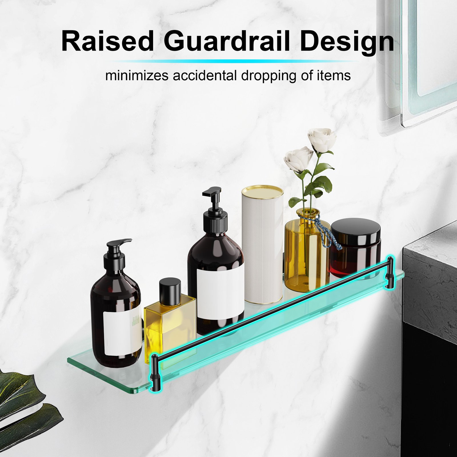 Bathroom Glass Shelf, Floating Stainless Steel Tempered Glass Wall Shelf, Rectangle, 20‑inch, Matte Black, Modern, Wall Mounted, 2 Pack - 图片 5