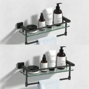 Bathroom Glass Shelf, Floating Tempered Glass Wall Shelf, Rectangle, 16‑inch with Full‑coverage Railing, Black, Modern, Wall Mounted, 2 Pack