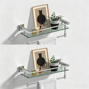 Bathroom Glass Shelf, Floating Tempered Glass Wall Shelf, Rectangle, 16‑inch with Full‑coverage Railing, Chrome Polished, Modern, Wall Mounted, 2 Pack