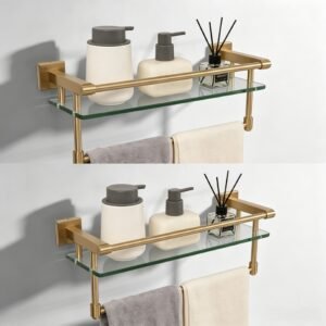 Bathroom Glass Shelf, Floating Tempered Glass Wall Shelf, Rectangle, 16‑inch with Full‑coverage Railing, Gold, Modern, Wall Mounted, 2 Pack