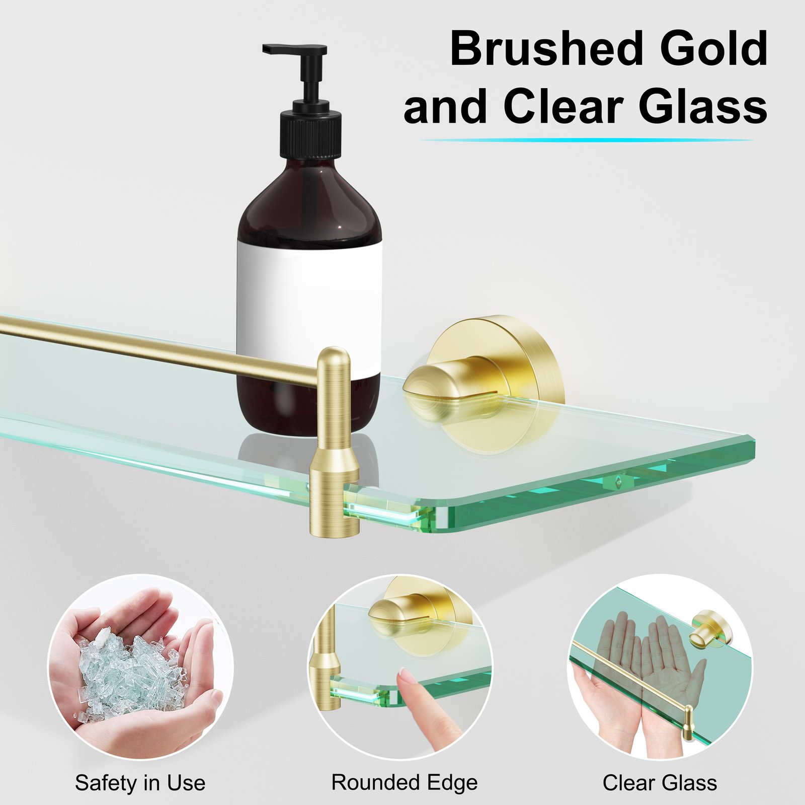 Bathroom Glass Shelf, Floating Stainless Steel Tempered Glass Wall Shelf, Rectangle, 20‑inch, Brushed Gold, Modern, Wall Mounted, 2 Pack - 图片 3