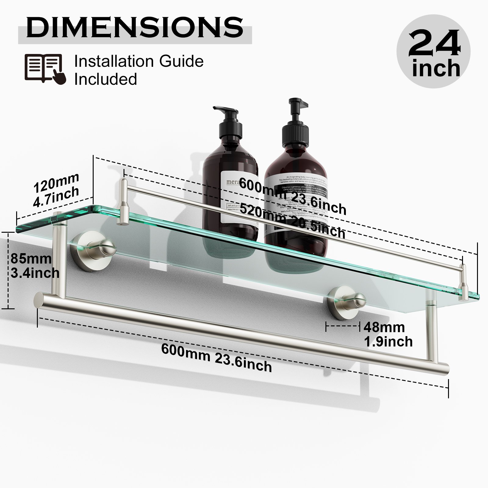 Bathroom Glass Shelf, Floating Tempered Glass Wall Shelf, Rectangle, 24‑inch with Towel Bar, Brushed Nickel, Modern, SUS304 Stainless Steel, Wall Mounted, Towel Hanger, 2 Pack - 图片 2