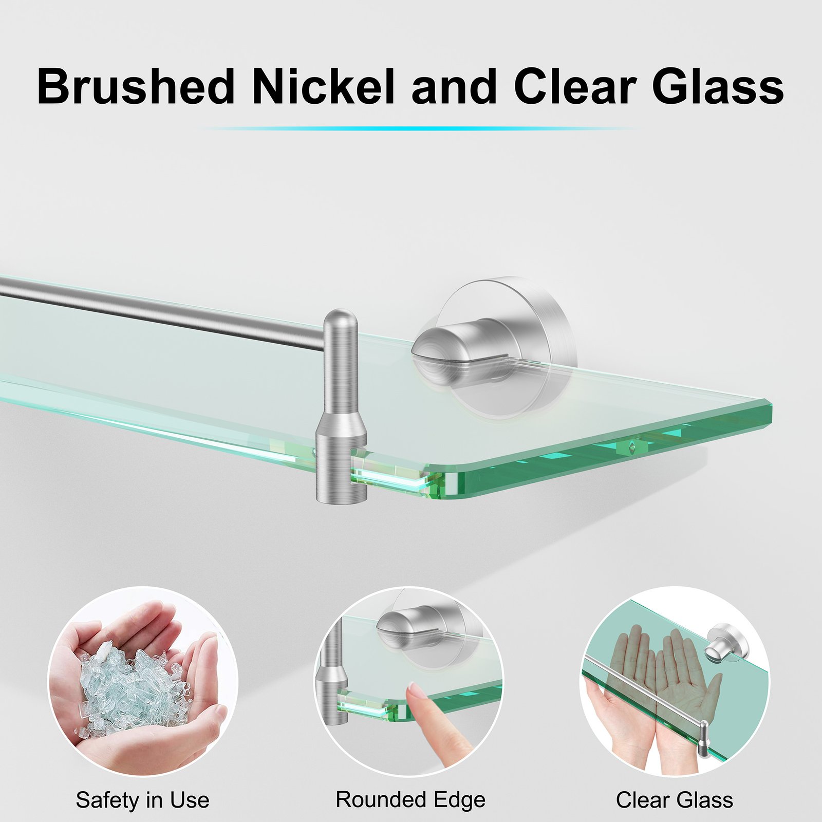 Bathroom Glass Shelf, Floating Stainless Steel Tempered Glass Wall Shelf, Rectangle, 20‑inch, Brushed Nickel, Modern, Wall Mounted, 2 Pack - 图片 3