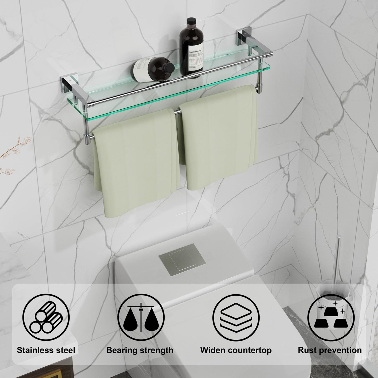 Bathroom Glass Shelf, Floating Tempered Glass Wall Shelf, Rectangle, 24‑inch with Full‑coverage Railing, Chrome Polished, Modern, Wall Mounted, 2 Pack - 图片 3