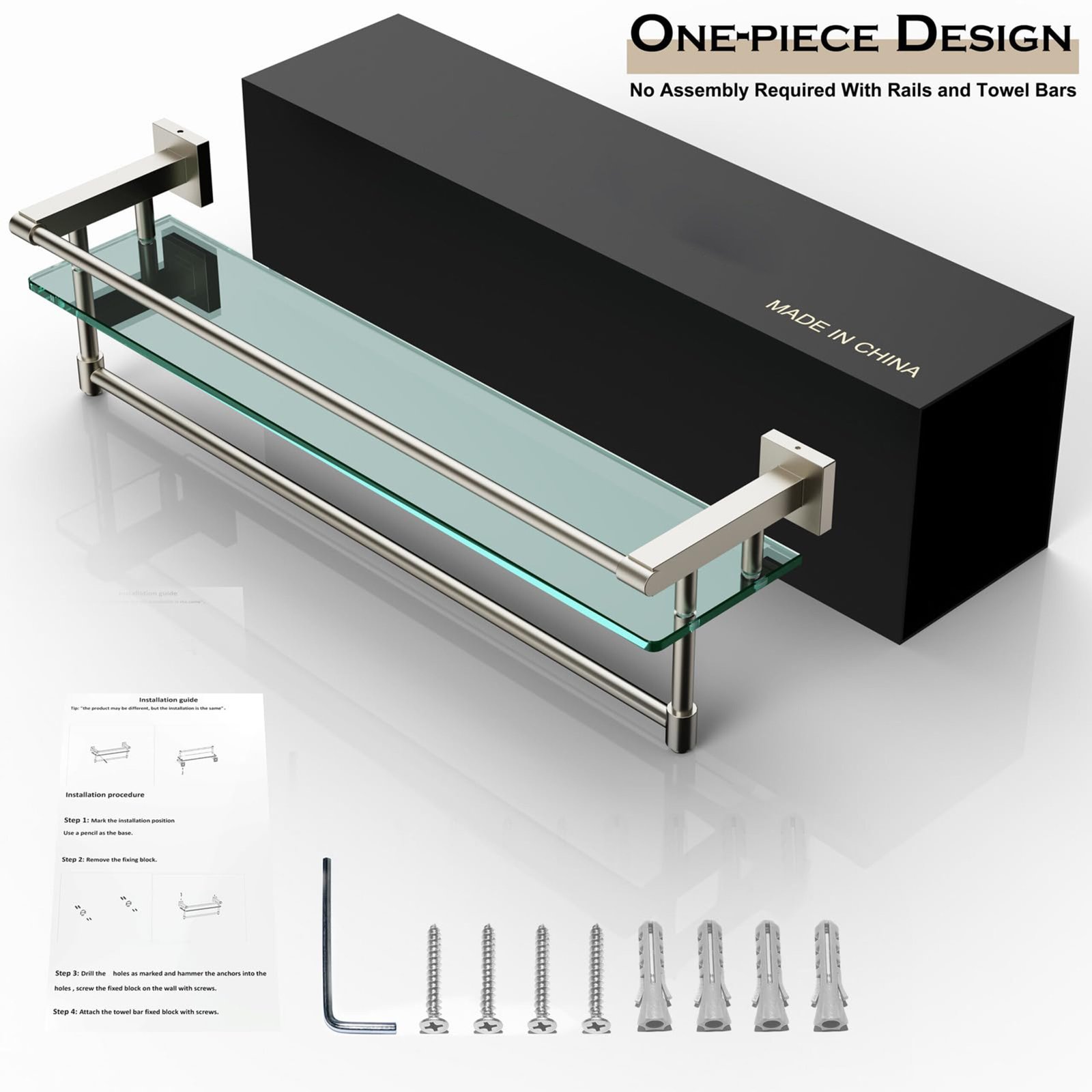 Bathroom Glass Shelf, Floating Tempered Glass Wall Shelf, Rectangle, 24‑inch with Full‑coverage Railing, Modern, Wall Mounted, 2 Pack - 图片 3
