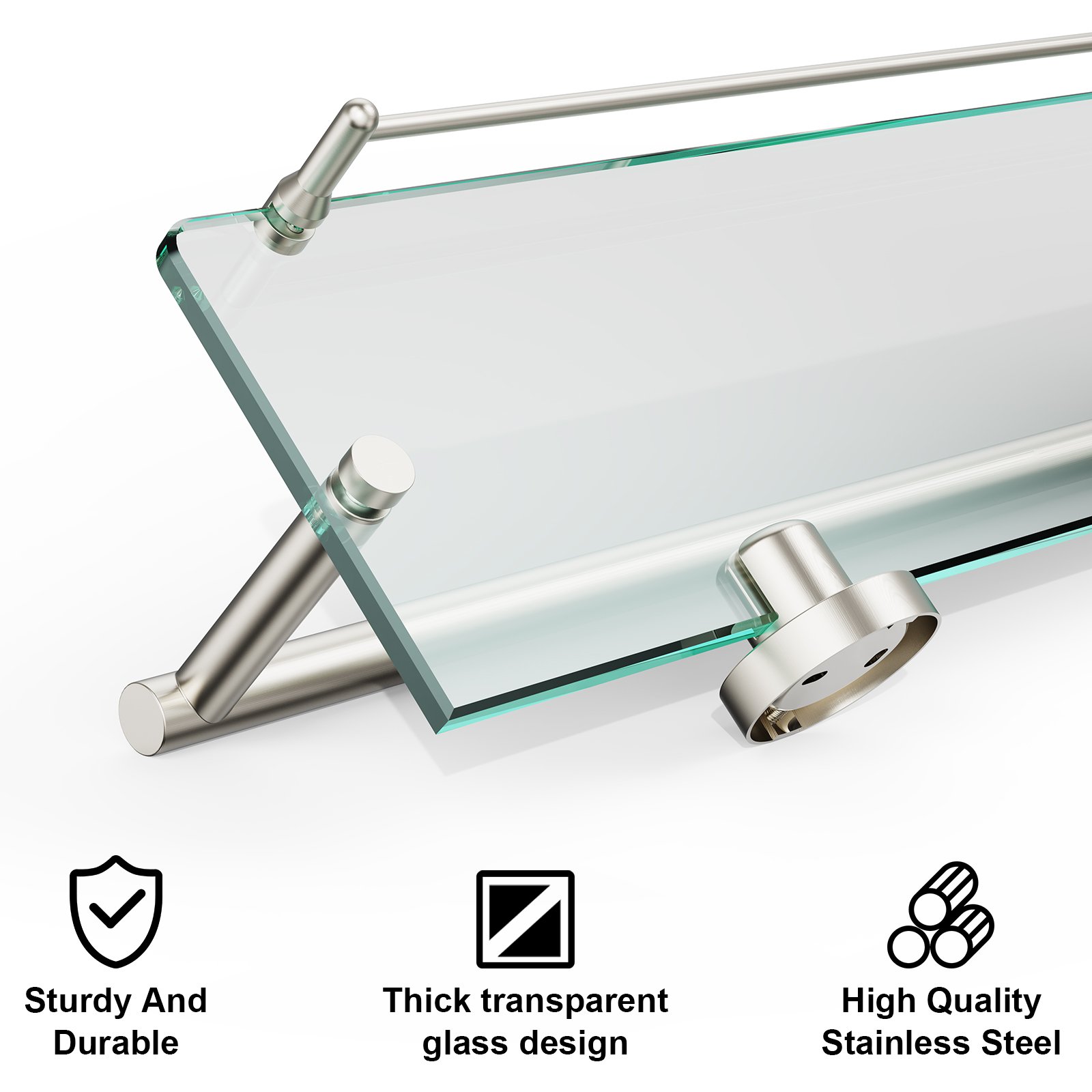 Bathroom Glass Shelf, Floating Tempered Glass Wall Shelf, Rectangle, 24‑inch with Towel Bar, Brushed Nickel, Modern, SUS304 Stainless Steel, Wall Mounted, Towel Hanger, 2 Pack - 图片 3