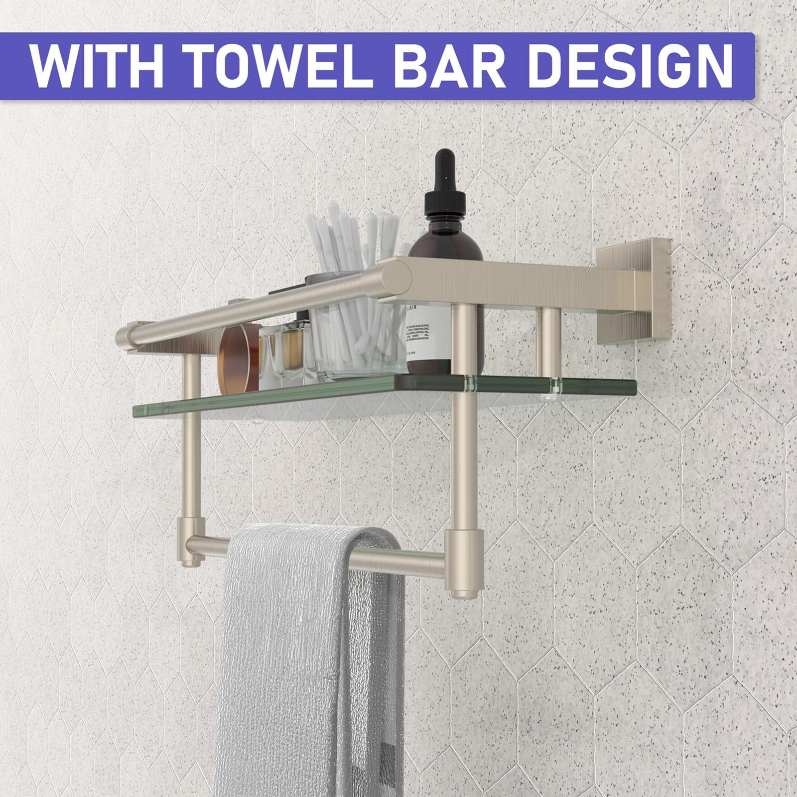 Bathroom Glass Shelf, Floating Tempered Glass Wall Shelf, Rectangle, 16‑inch with Full‑coverage Railing, Brushed Nickel, Modern, Wall Mounted, 2 Pack - 图片 3