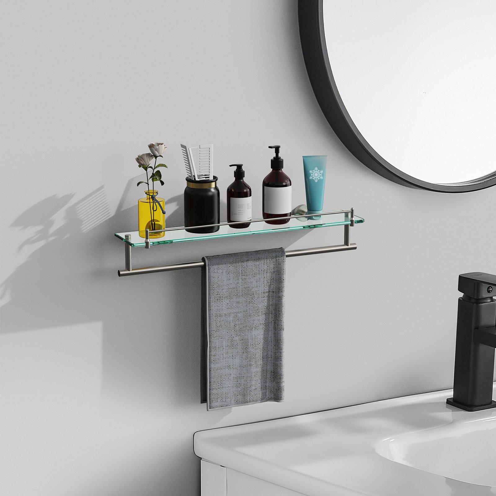Bathroom Glass Shelf, Floating Tempered Glass Wall Shelf, Rectangle, 24‑inch with Towel Bar, Brushed Nickel, Modern, SUS304 Stainless Steel, Wall Mounted, Towel Hanger, 2 Pack - 图片 6