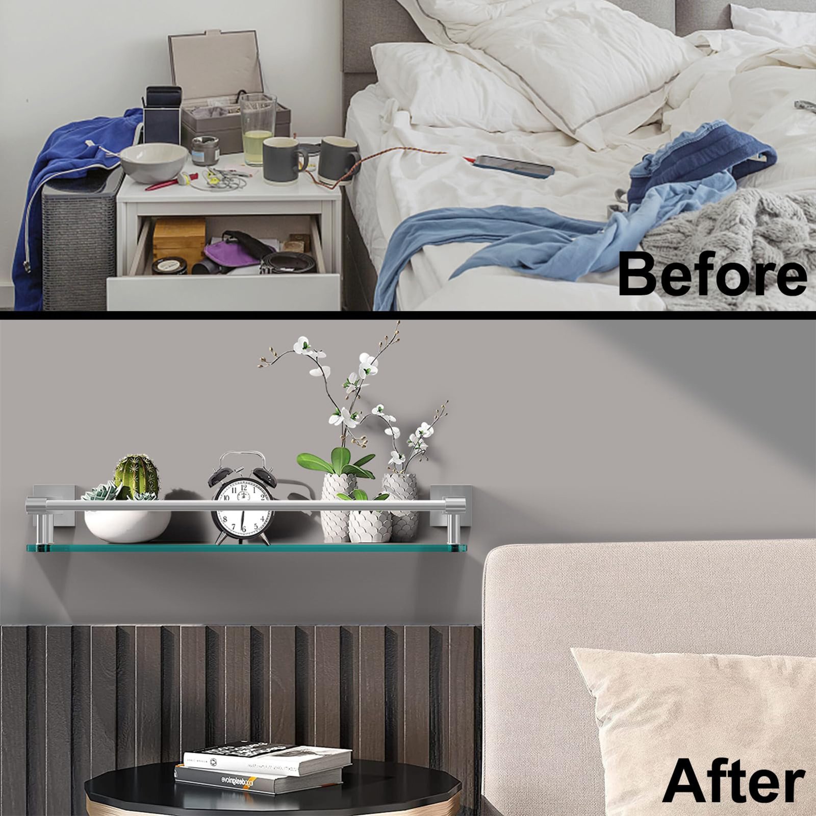 Bathroom Glass Shelf, Floating Tempered Glass Wall Shelf, Rectangle, 20‑inch with Full‑coverage Railing, Brushed Nickel, Modern, Wall Mounted, 2 Pack - 图片 2