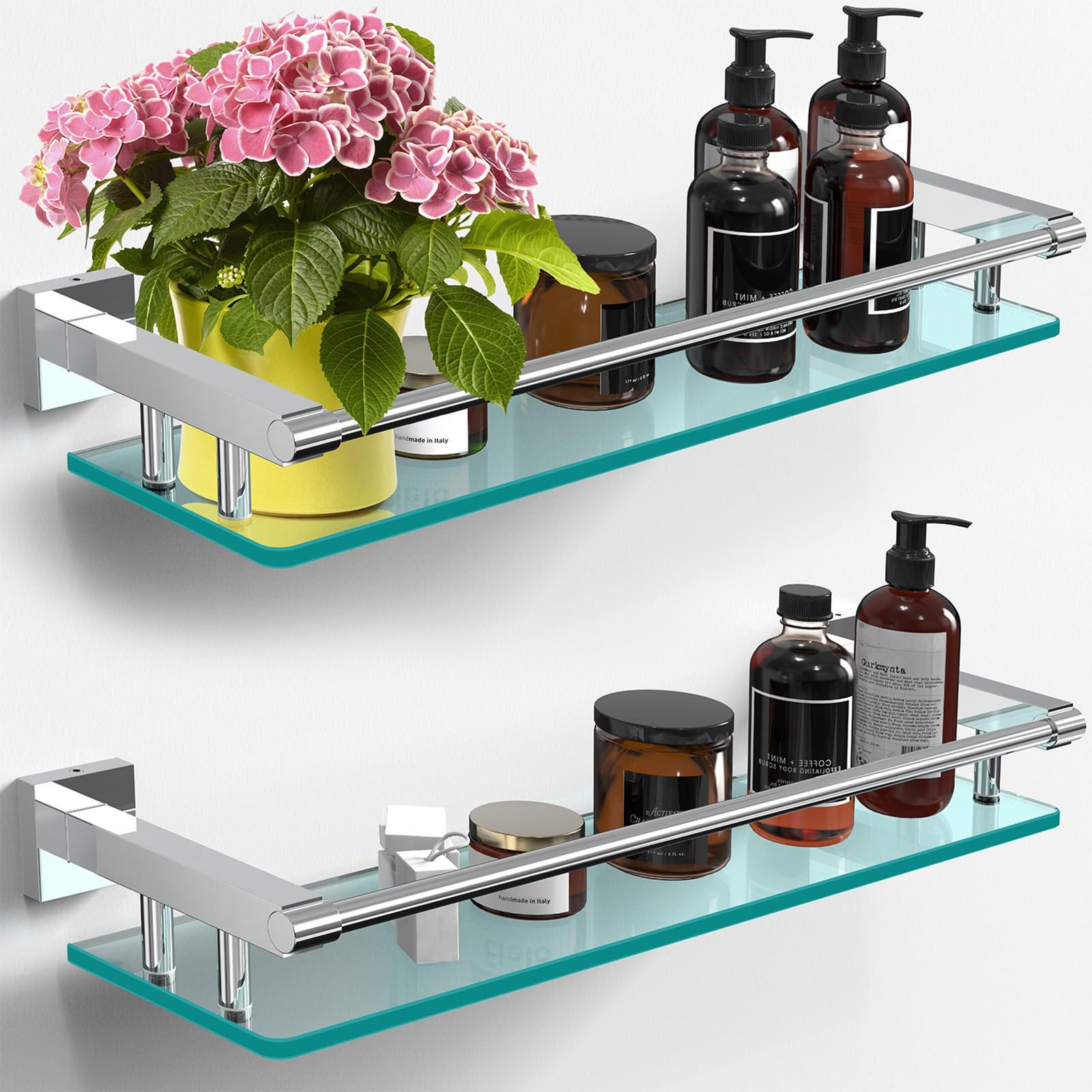 Bathroom Glass Shelf, Floating Tempered Glass Wall Shelf, Rectangle, 20‑inch with Full‑coverage Railing, Chrome Polished, Modern, Wall Mounted, 2 Pack - 图片 2