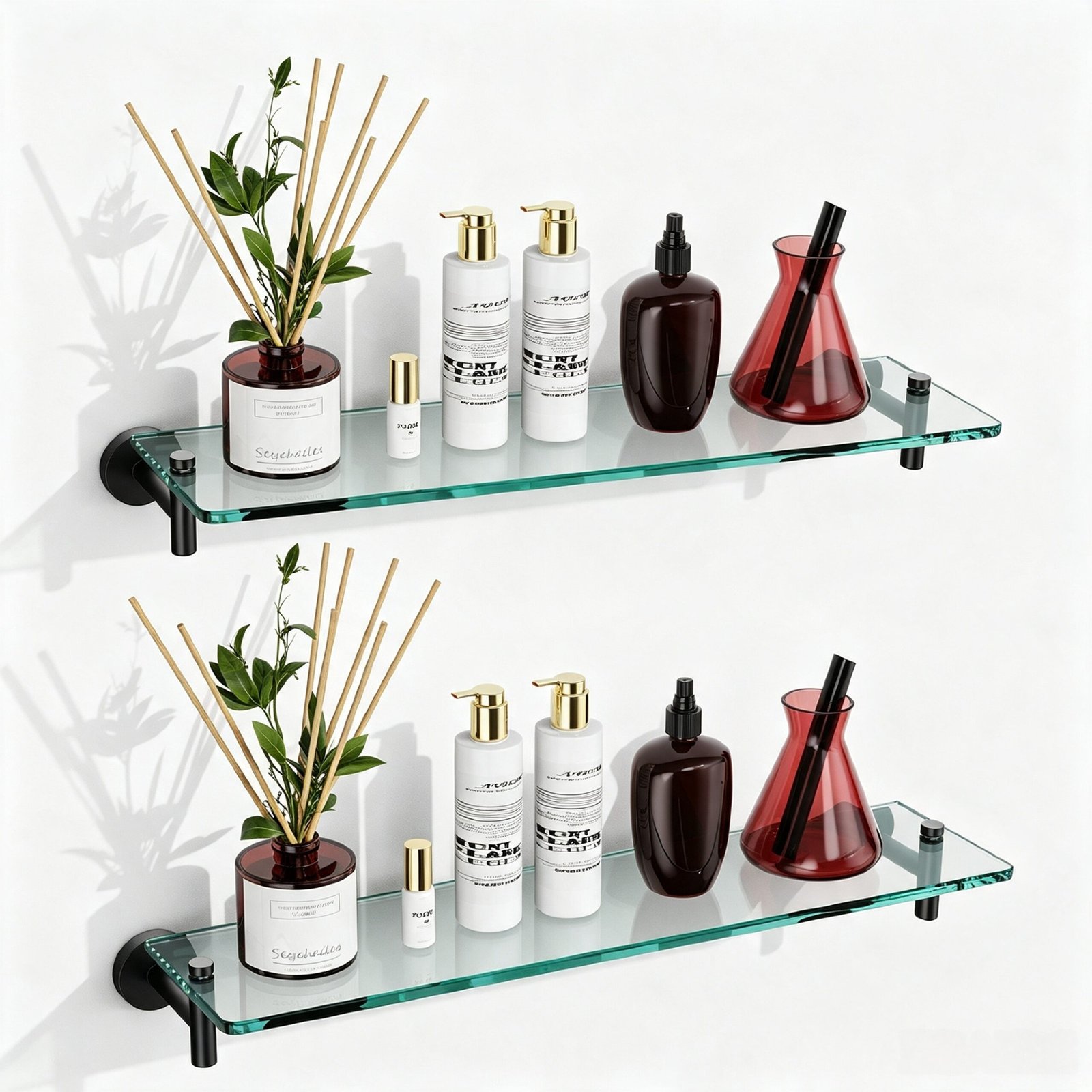 Bathroom Glass Shelf, Floating Tempered Glass Wall Shelf, Rectangle, 20-inch, Matte Black, Modern Wall Mounted 2 Pack