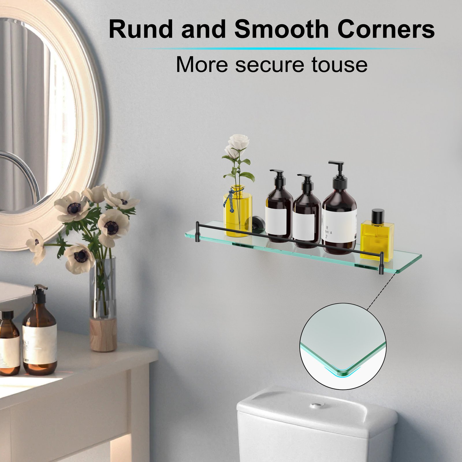 Bathroom Glass Shelf, Floating Stainless Steel Tempered Glass Wall Shelf, Rectangle, 20‑inch, Matte Black, Modern, Wall Mounted, 2 Pack - 图片 4