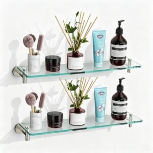 Bathroom Glass Shelf, Floating Stainless Steel Tempered Glass Wall Shelf, Rectangle, 20‑inch, Chrome Polished, Modern, Wall Mounted, 2 Pack
